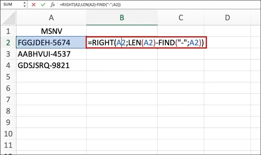 kết hợp h&agrave;m find trong excel v&agrave; h&agrave;m right