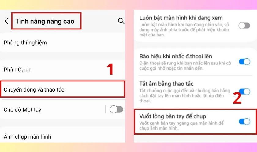 vuốt bàn tay để chụp màn hình trên samsung