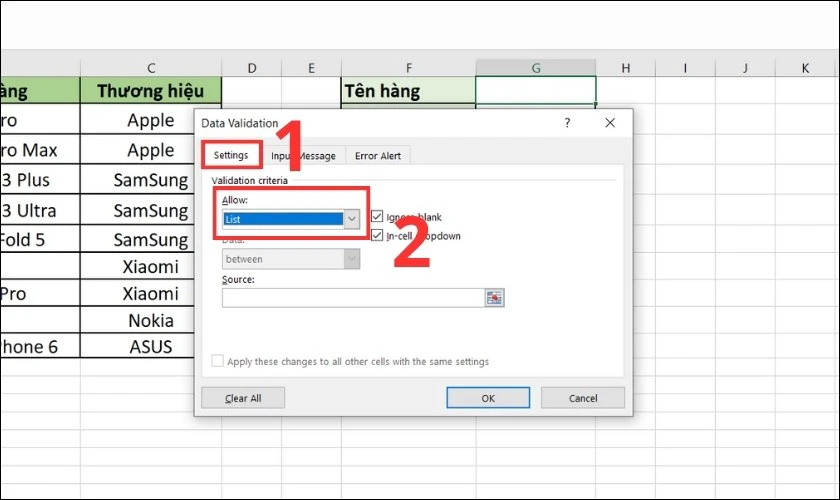 cách tạo drop list trong excel khi bảng đã có sẵn dữ liệu