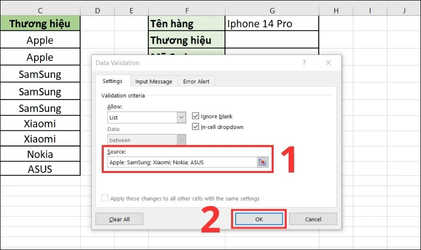 create list thủ công trong excel