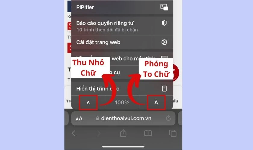 chọn v&agrave;o a lớn hoặc a nhỏ để điều chỉnh chữ iphone tr&ecirc;n tr&igrave;nh duyệt safari