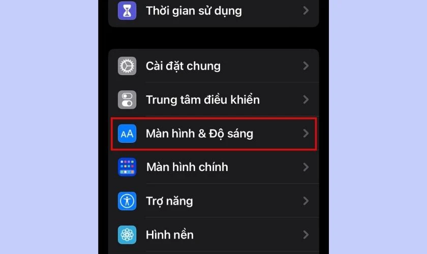 giao diện mục m&agrave;n h&igrave;nh & độ s&aacute;ng trong ứng dụng c&agrave;i đặt tr&ecirc;n iphone