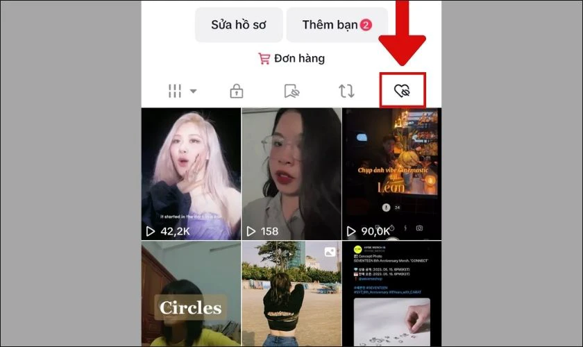 nhấn v&agrave;o biểu tượng tr&aacute;i tim để xem lại video đ&atilde; th&iacute;ch tr&ecirc;n tiktok