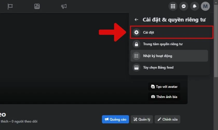 nhấn vào cài đặt để sửac link fanpage
