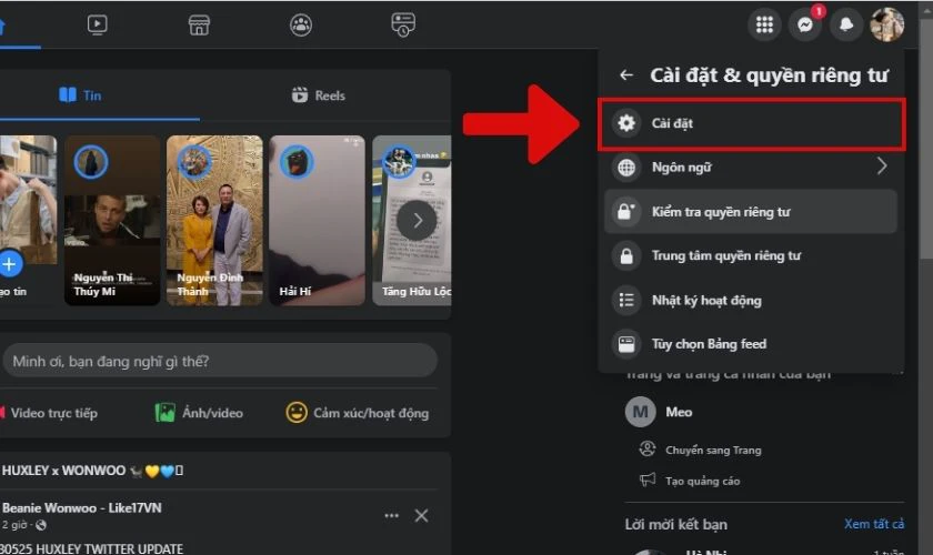 bấm vào cài đặt để đổi link facebook
