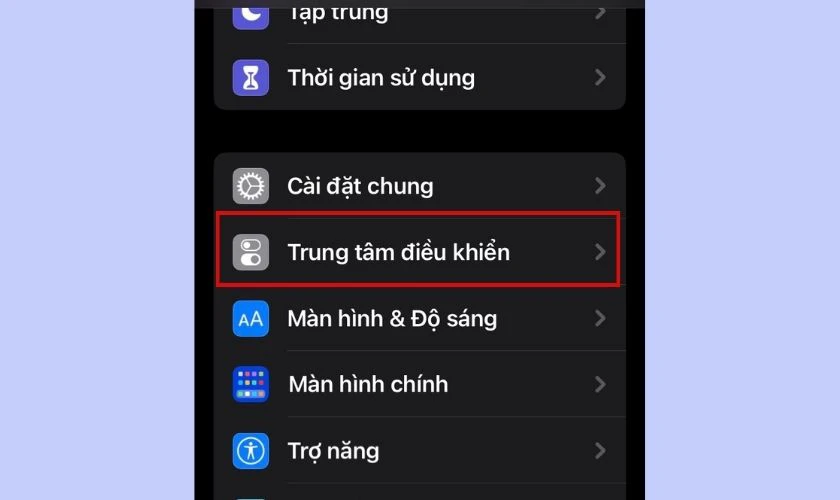 giao diện mục trung t&acirc;m điều khiển trong ứng dụng c&agrave;i đặt