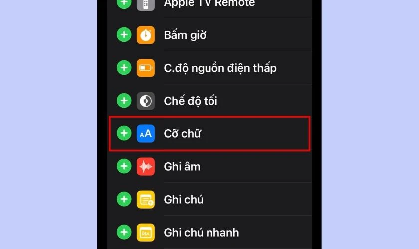 c&aacute;ch th&ecirc;m mục cỡ chữ v&agrave;o control center
