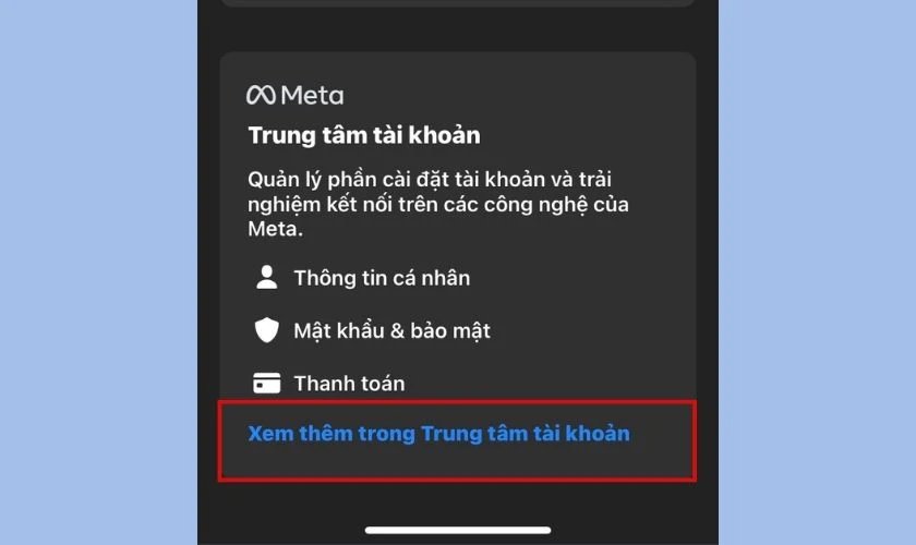 bấm vào xem thêm trong trung tâm tài khoản để bắt đầu đổi link facebook