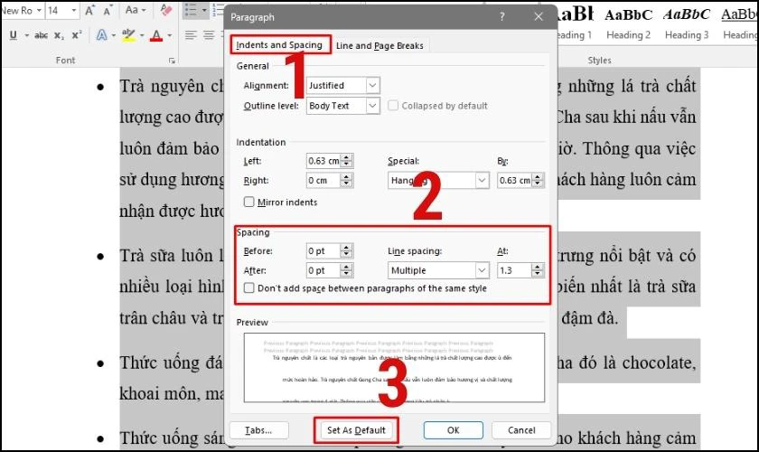 thay đổi khoảng c&aacute;ch c&aacute;c d&ograve;ng cho to&agrave;n bộ văn bản 