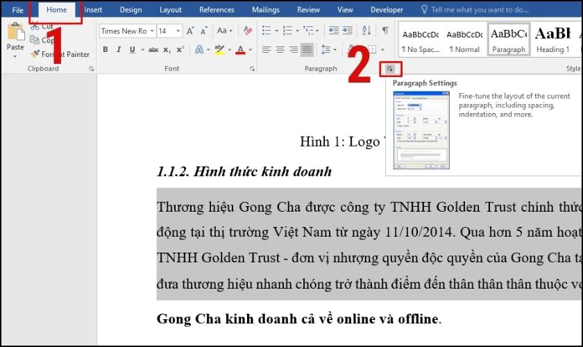 c&aacute;ch gi&atilde;n d&ograve;ng trong word tại tab home 