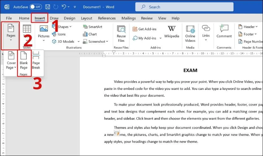 chọn blank page để tạo lập thêm trang trong word