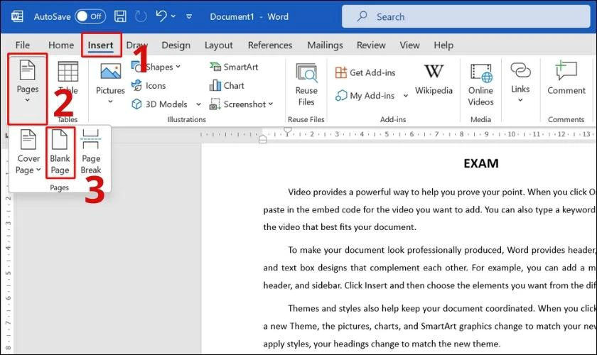 thêm trang mới trong word bằng cách dùng insert