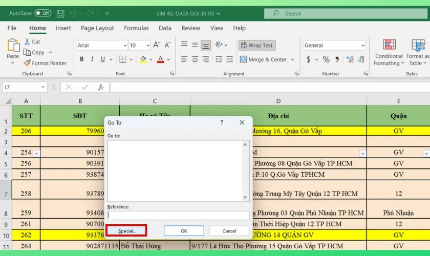 cáhc xoá dòng trống trong excel xen kẽ bằng phím tắt ctrl g