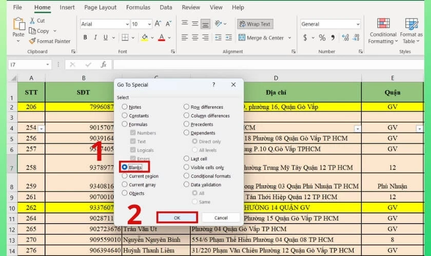 xoá những dòng trống xen kẽ trong excel