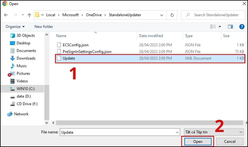 chọn file xml và nhấn open để mở lên