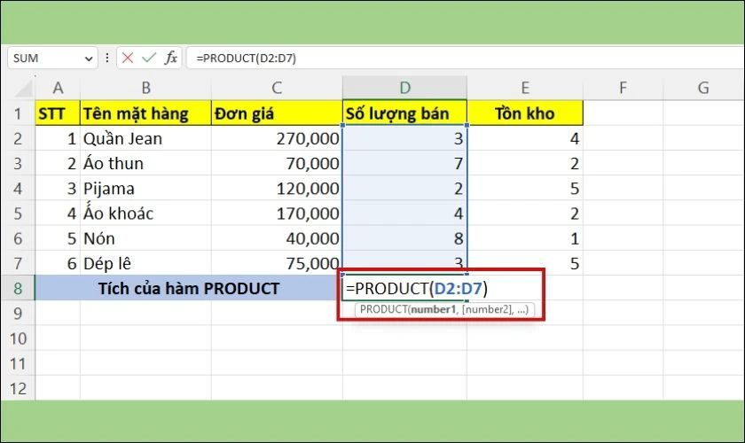 cách sử dụng hàm product để tính từng cột