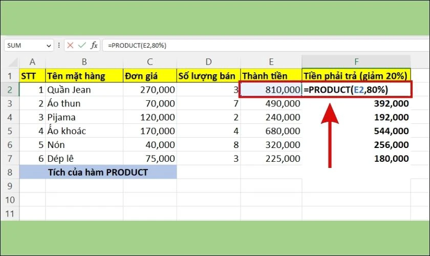 cách sử dụng product để nhân 1 cột với 1 số