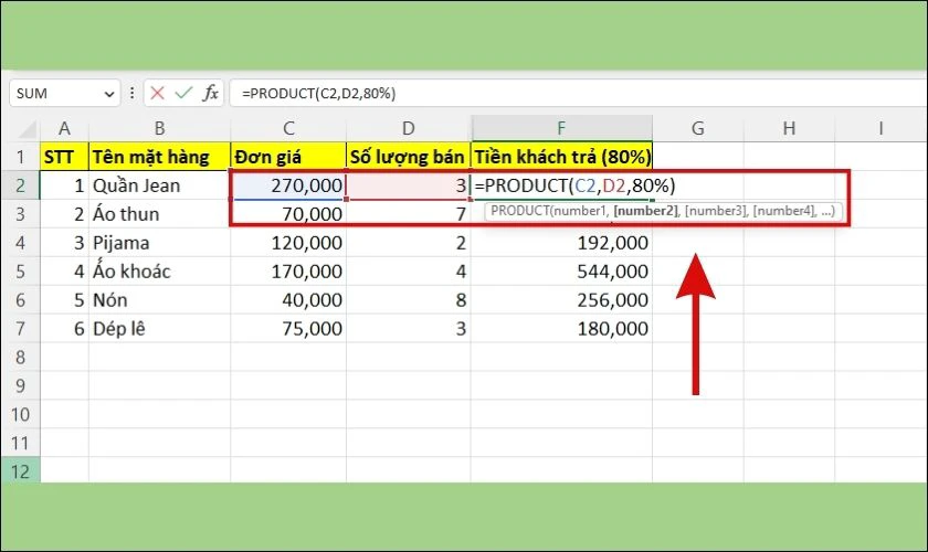 Cách nhân nhiều cột với 1 số trong Excel