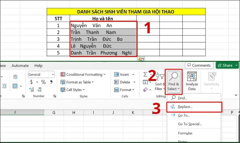 x&oacute;a khoảng trắng bằng find & replace tr&ecirc;n excel 