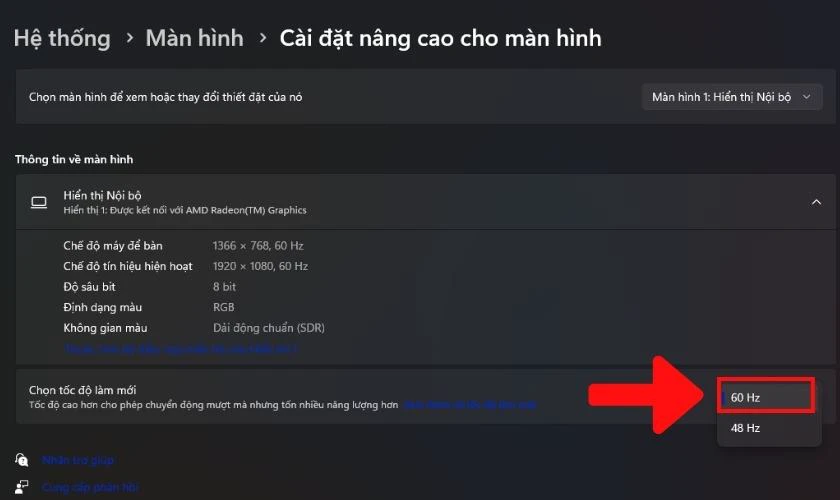 Chọn v&agrave;o tần số 60hz để khắc phục lỗi m&agrave;n h&igrave;nh laptop bị giật