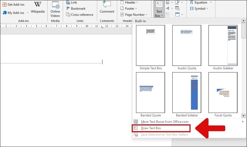 nhấn vào draw text box để đánh chữ lên dòng chấm word