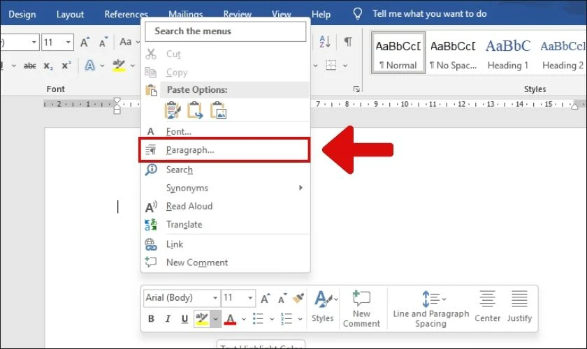 Cách tạo dấu chấm trong Word bằng hộp thoại Paragraph