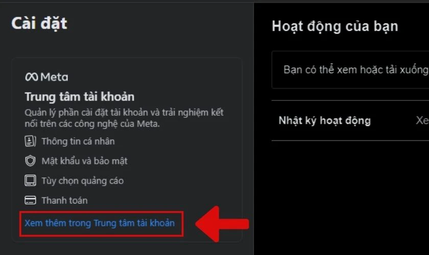 giao diện mục xem thêm trong trung tâm tài khoản