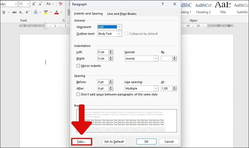 nhấn vào tab để tạo dấu chấm trong word