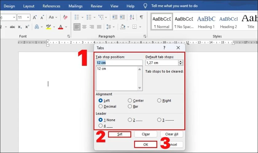giao diện bảng tab khi thực hiện cách tạo dấu chấm trong word