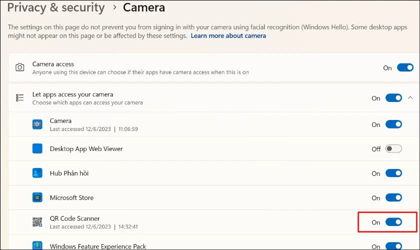 c&aacute;ch bật quyền truy cập camera cho ứng dụng qu&eacute;t m&atilde;