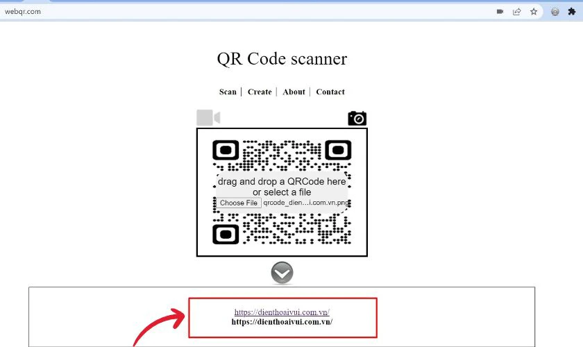 kết quả scan m&atilde; tr&ecirc;n m&aacute;y t&iacute;nh bằng trang web webqr