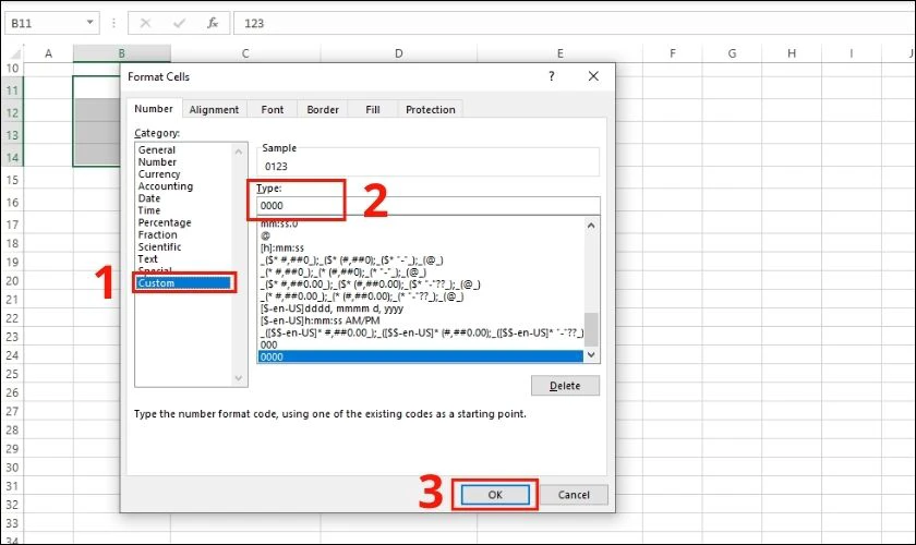 thiết lập định dạng số 0 trong excel 