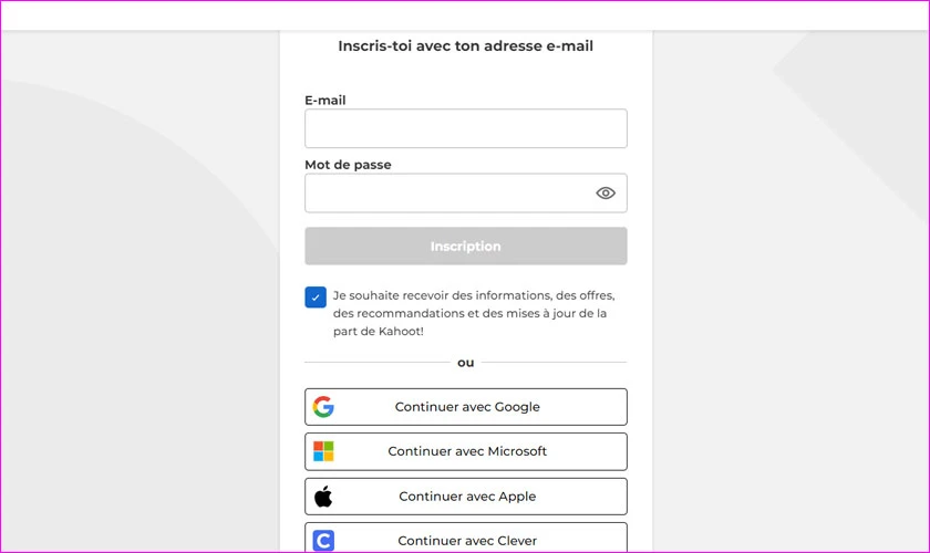 nhập thông tin email để đăng ký kahoot