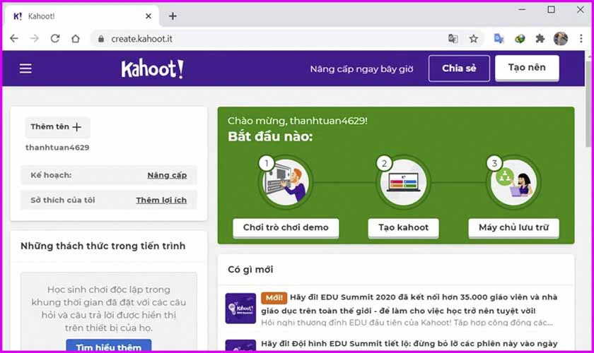 đăng ký tài khoản kahoot thành công