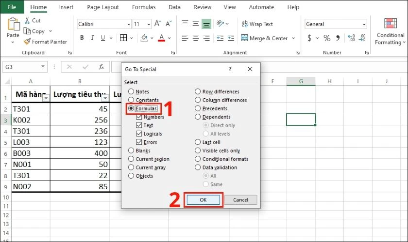 chọn formulas rồi nhấn ok