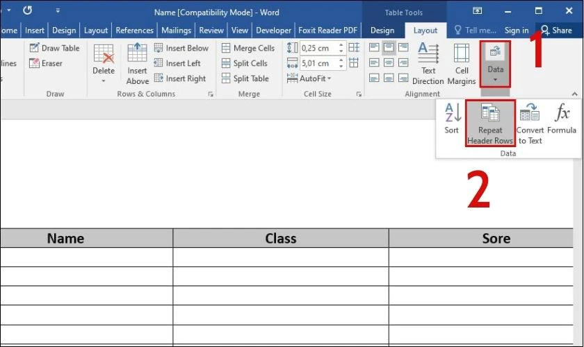 Tạo d&ograve;ng ti&ecirc;u đề lặp lại trong bảng Word 