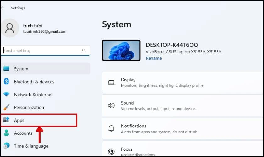 Vào Apps trong phần Settings