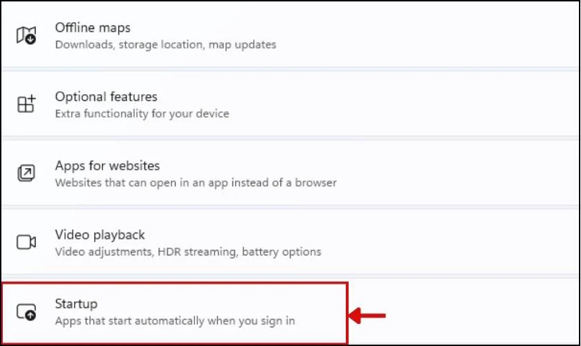 Tiếp tục chọn Start up tại phần apps