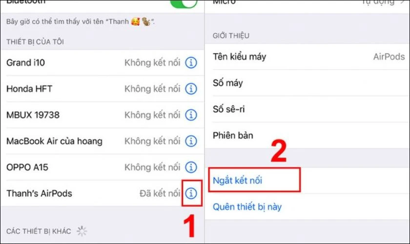 Nhấn v&agrave;o biểu tượng chữ i rồi chọn Ngắt kết nối