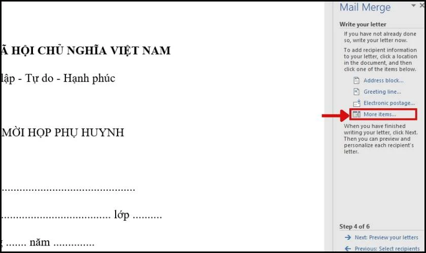 Hướng dẫn c&aacute;c bước thực hiện trộn thư trong Word 