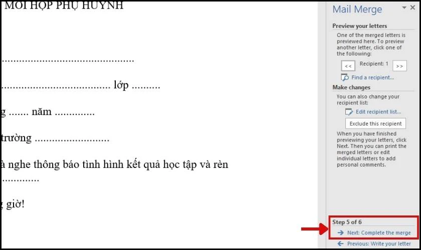 Kết th&uacute;c c&aacute;c bước trộn thư trong Word 2016, 2010 
