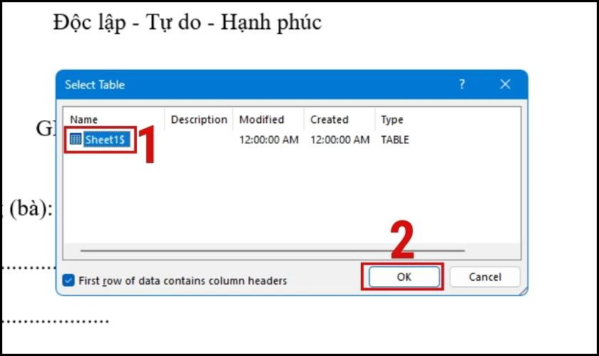 Nhập sheet danh s&aacute;ch c&oacute; sẳn v&agrave;o Word 