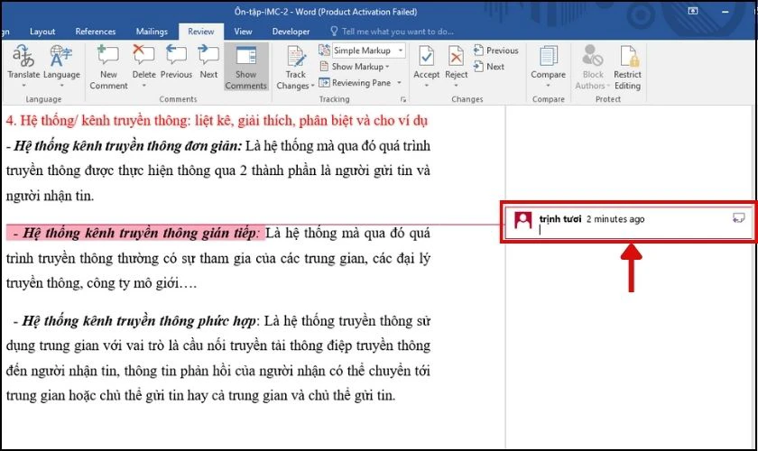 C&aacute;ch b&igrave;nh luận trong Word 