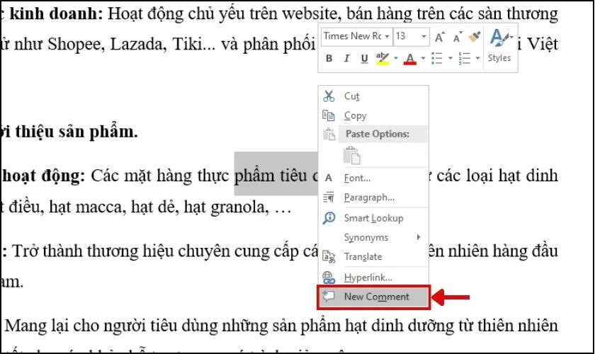 Tạo b&igrave;nh luận trong Word bằng c&aacute;ch nhấn chuột phải 