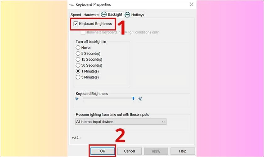 Chọn Keyboard Brightness để mở đèn