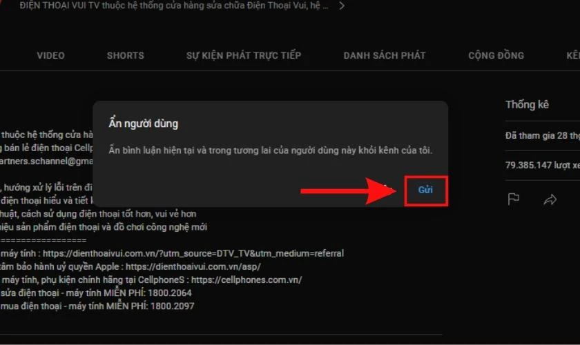 Nhấn v&agrave;o mục Gửi để chặn 