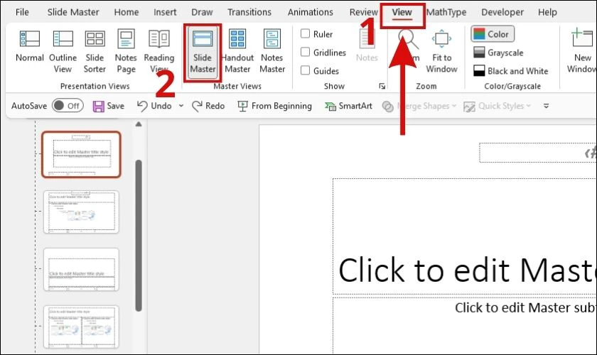 D&ugrave;ng Slide Master để đếm số trang tr&igrave;nh chiếu đơn giản