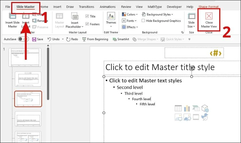 Chọn Close Master View để tắt c&ocirc;ng cụ Slide Master trong PowerPoint