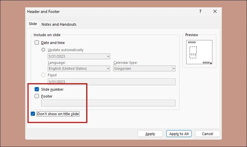 Nhấp chọn Slide Number để th&ecirc;m số trang trong phần mềm tr&igrave;nh chiếu
