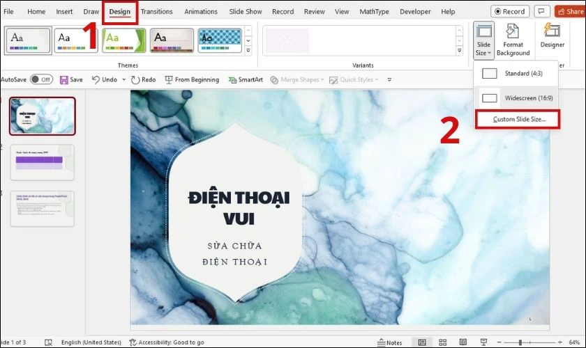 Chọn Custom Slide Size để bỏ trang đầu kh&ocirc;ng đ&aacute;nh số